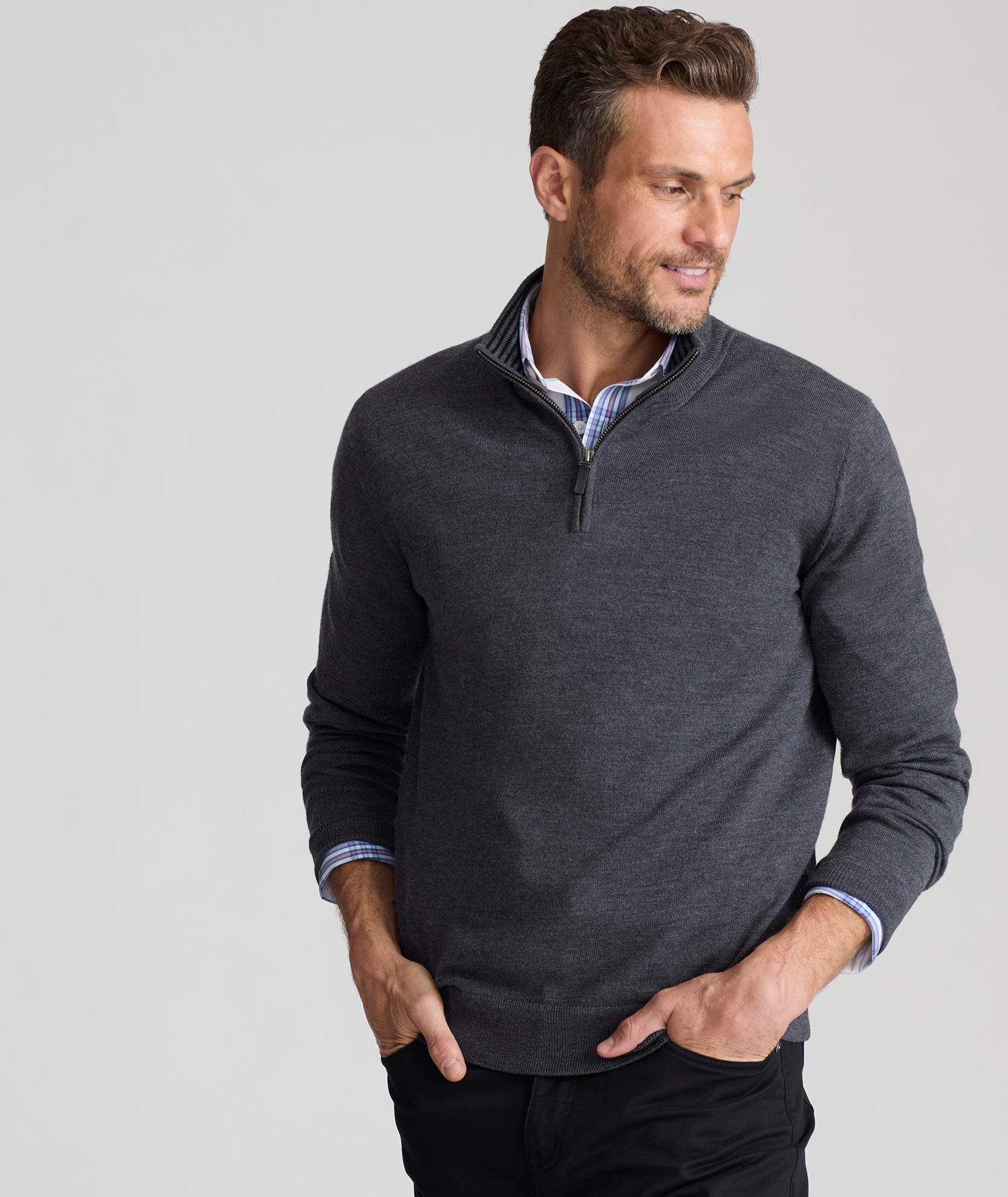 Model wearing a UNTUCKit Merino Wool Quarter-Zip