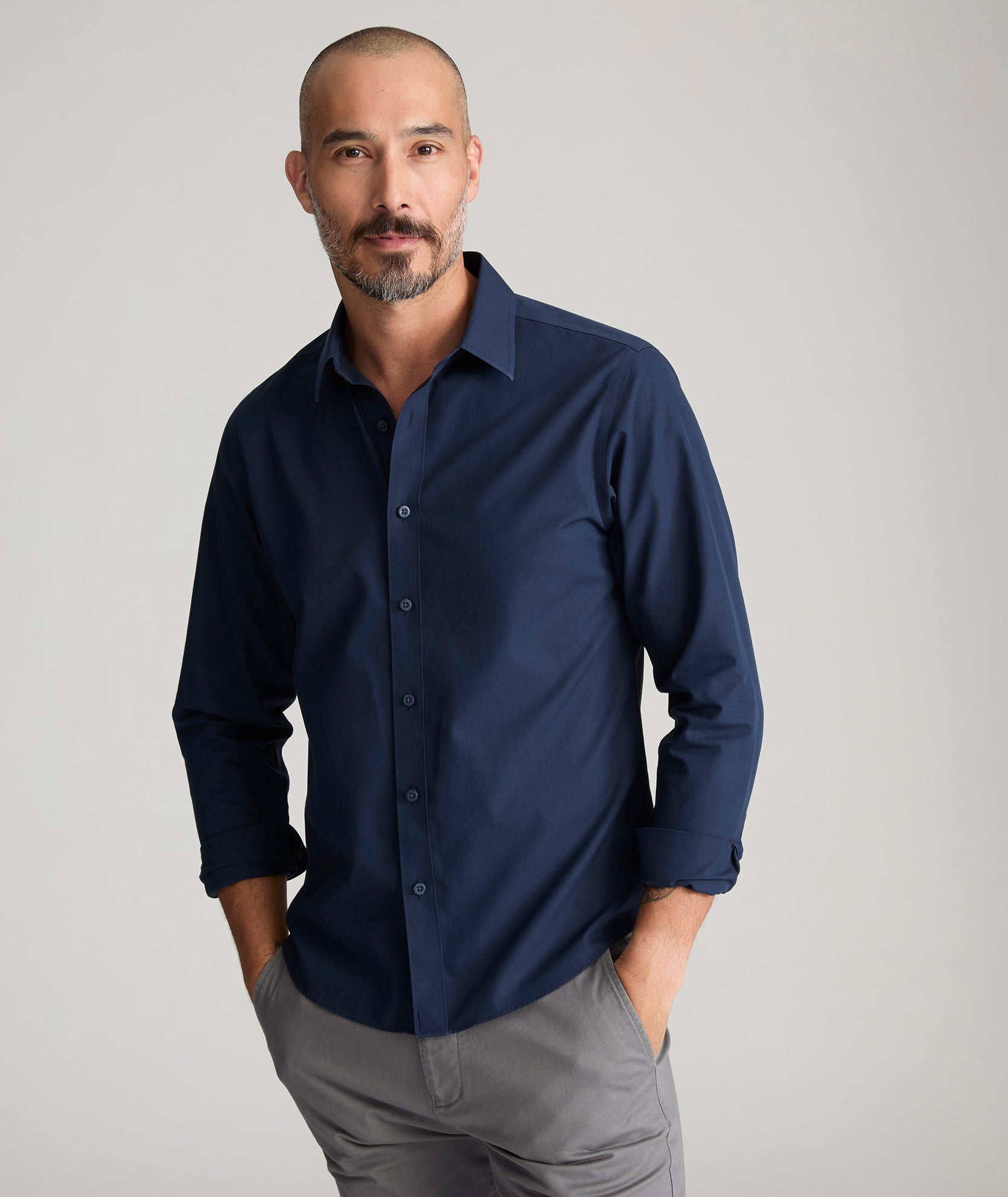 Model wearing a Navy Wrinkle-Free Castello Shirt