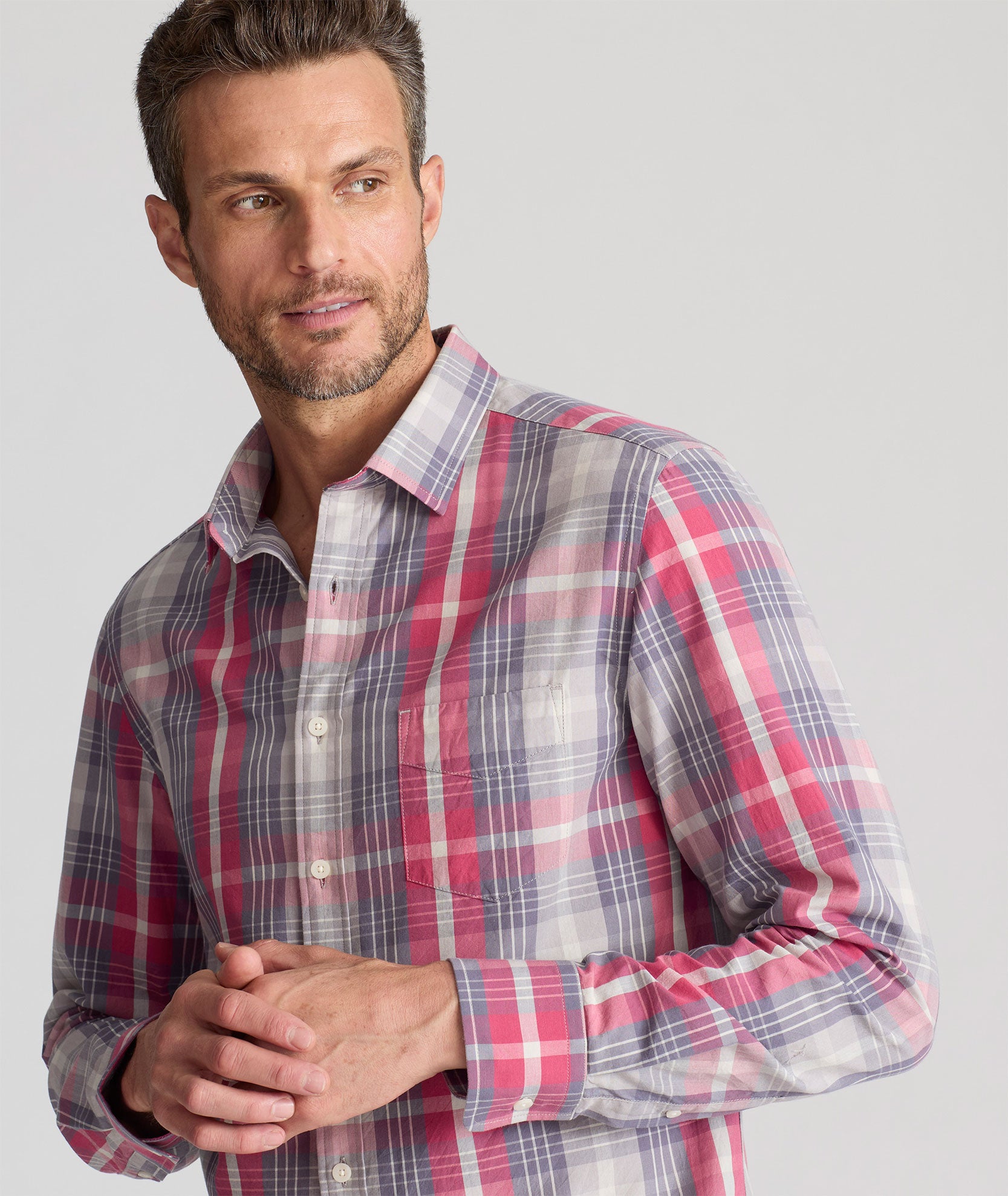 Model is wearing UNTUCKit ESTEPHE shirt in SUMMER PLAID.