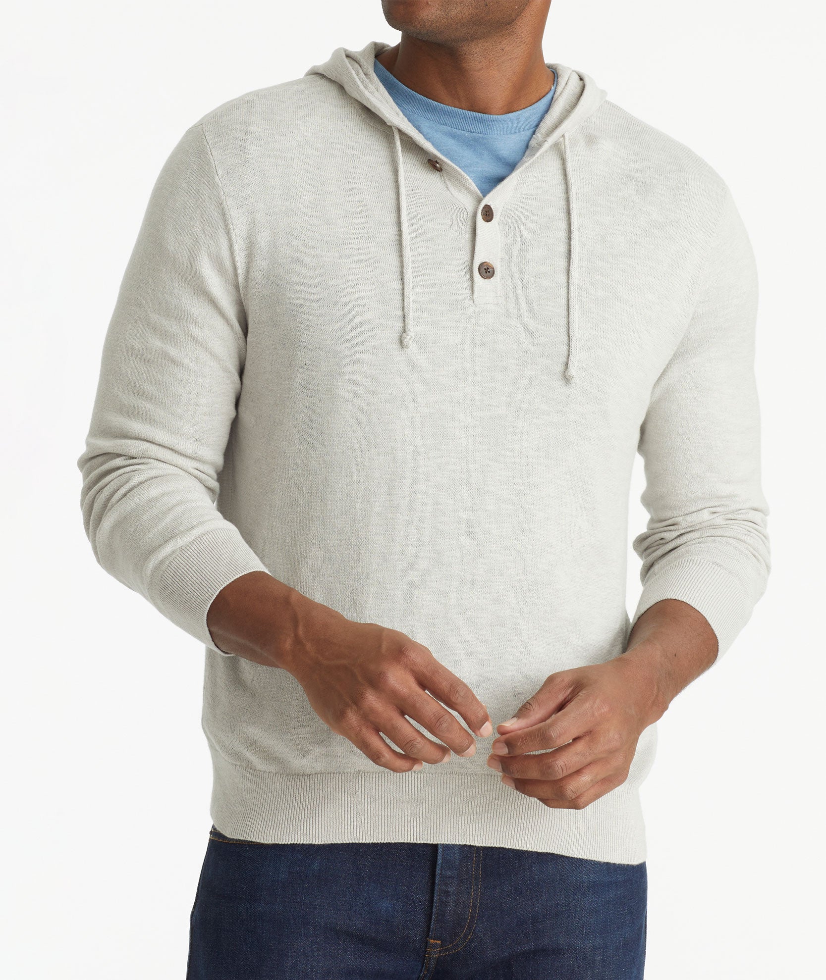 Model wearing an UNTUCKit Light Grey Cotton-Linen Hoodie