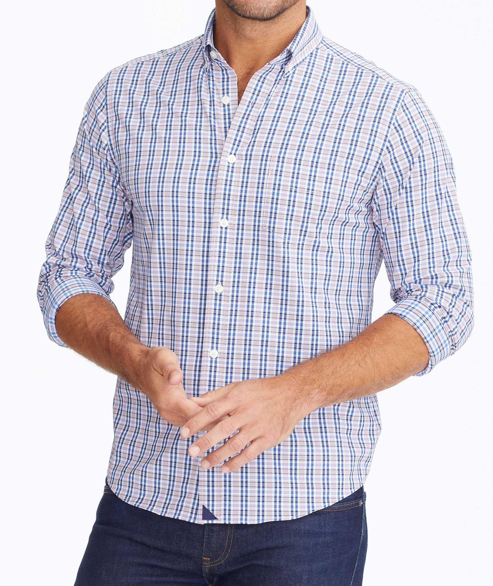 Model wearing a Blue Wrinkle-Free Performance+ Nathanson Shirt