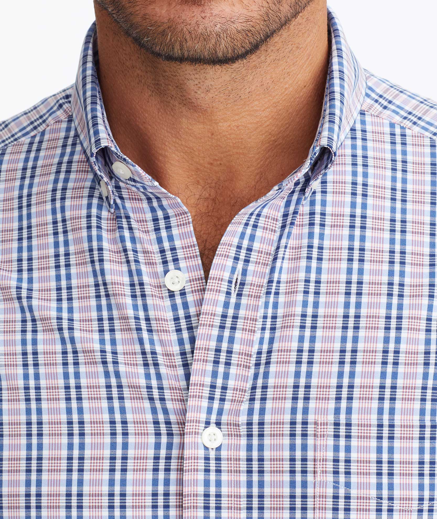 Model wearing a Blue Wrinkle-Free Performance+ Nathanson Shirt